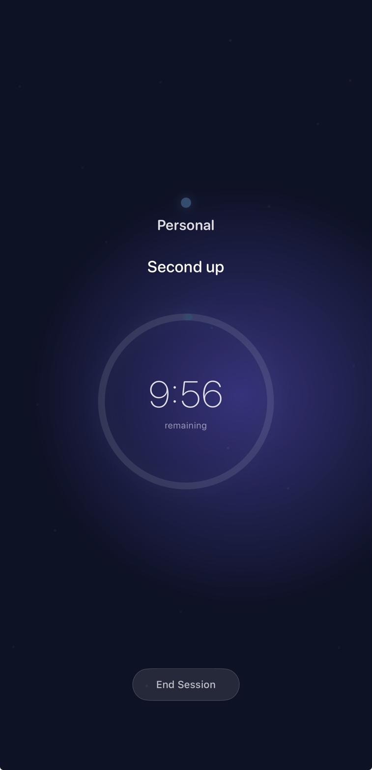 Focus session screen with calm purple gradient and a countdown timer